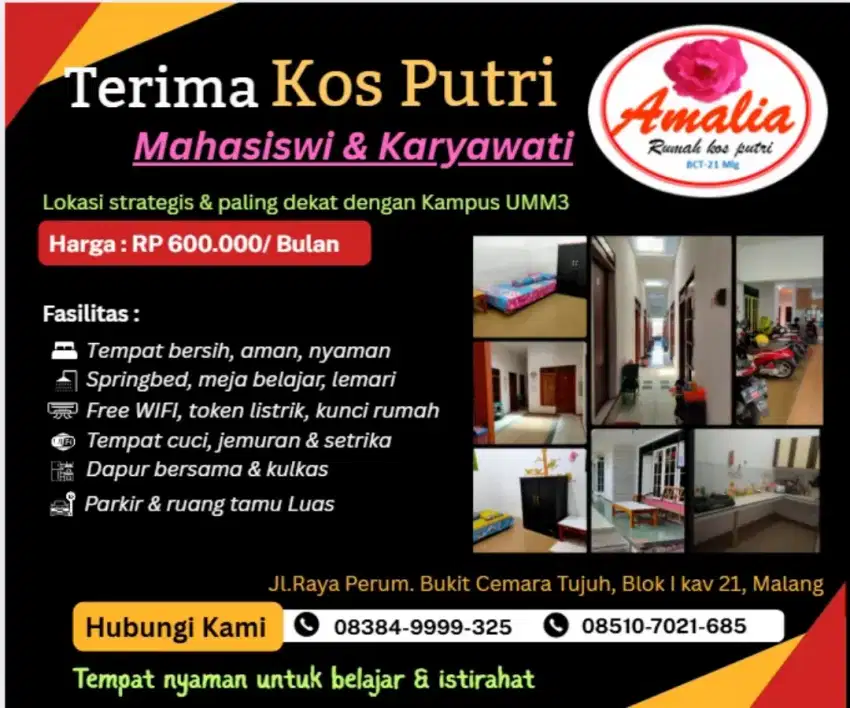 Kos Putri Amalia, 50 meter depan kampus UMM3 Malang