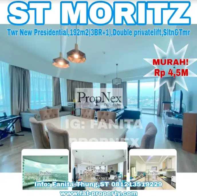 Dijual Apt ST MORITZ Twr New Presidential 192m2(3BR+1),Lt 20an