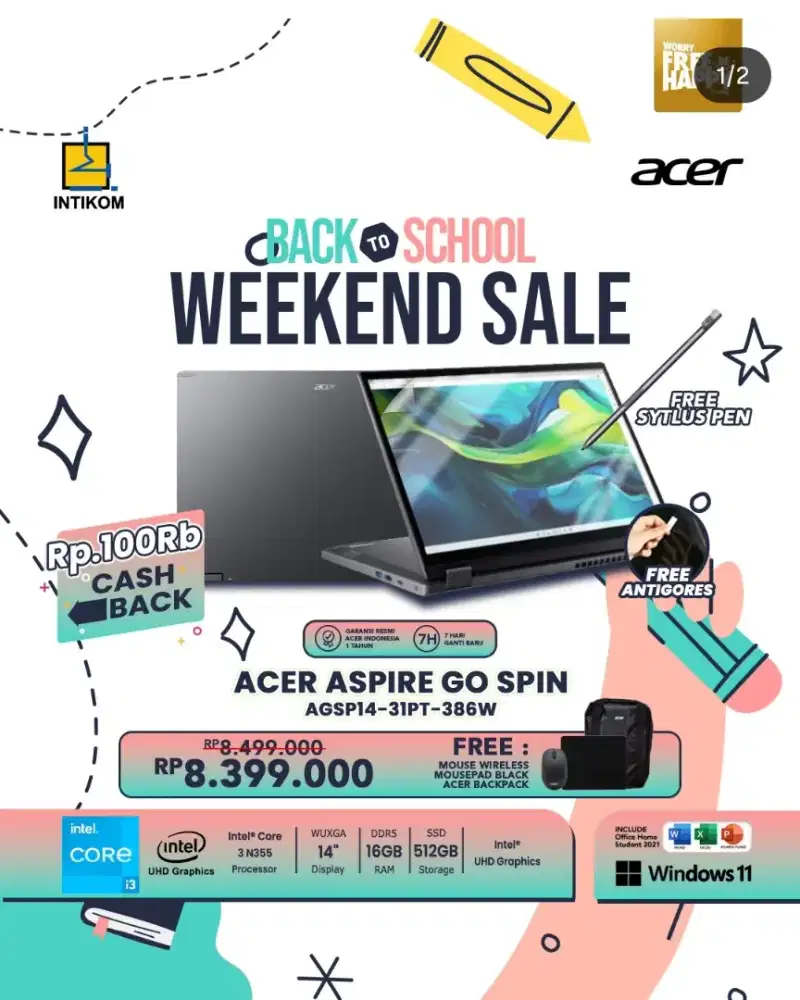 Cicilan laptop touchscreen acer aspire spin go 14 bisa putar 360