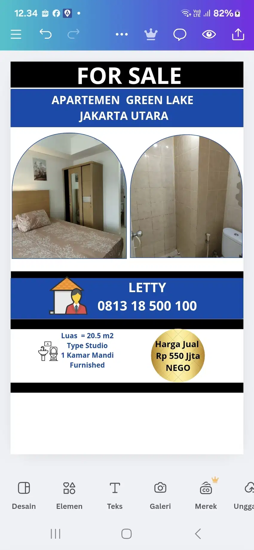 Apartemen Green Lake Sunter Jakarta Utara Rp 550 Juta Nego