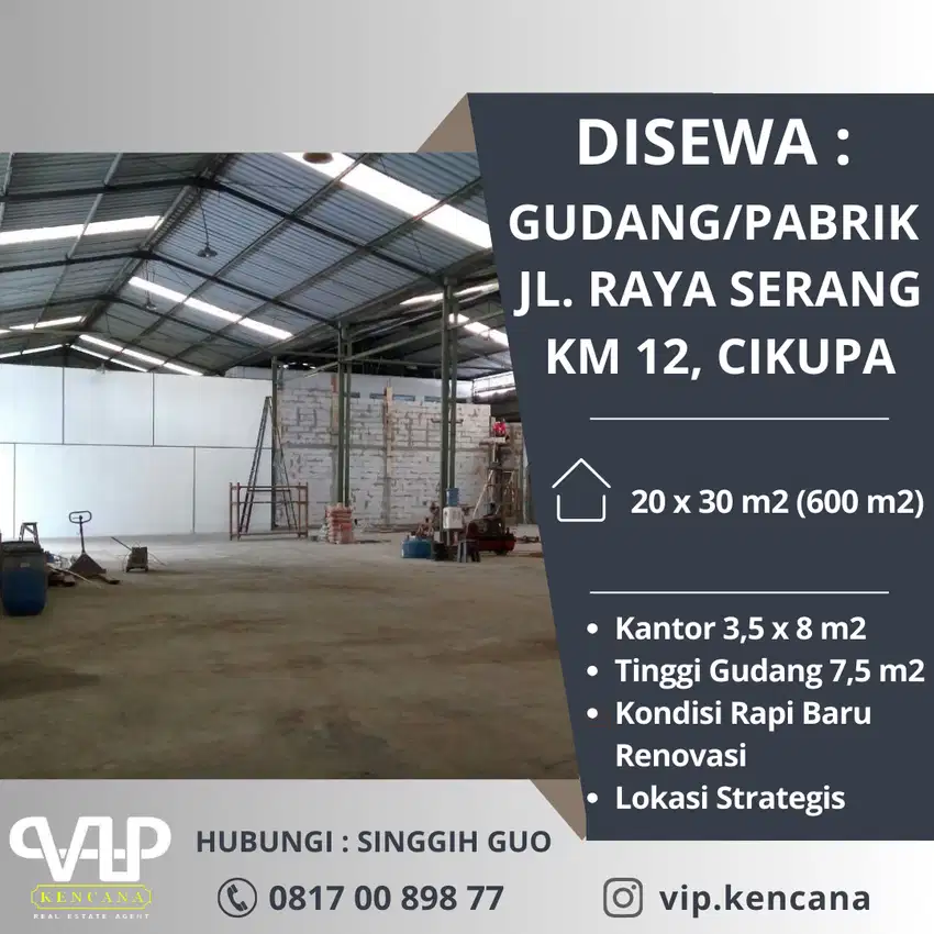 DISEWAKAN: Pabrik/Gudang di Cikupa, dekat Bitung Jln. Raya Serang KM 1