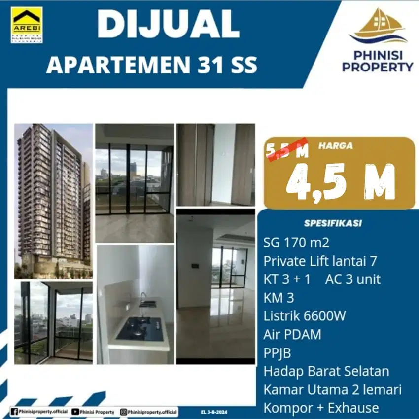 DIJUAL HARGA TERMURAH APARTEMEN 31 SUDIRMAN PRIVATE LIFT 3 BEDROOM