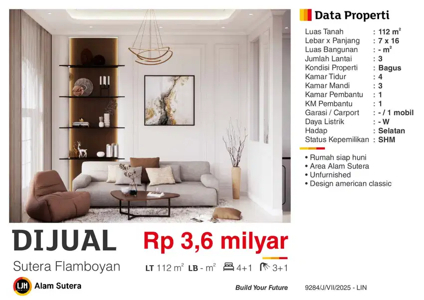 Dijual Rumah 3 Lantai Baru SHM di Cluster Flamboyan Alam Sutera