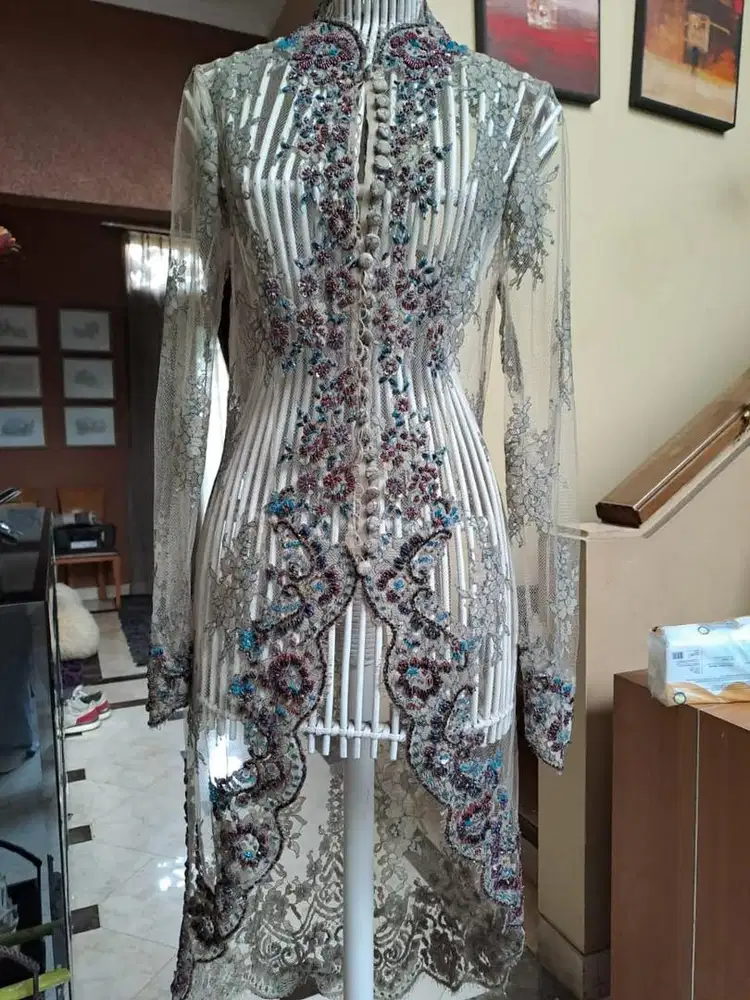 Kebaya French Lace Mewah Nude Payet Merah Biru Tulle Perancis Asli