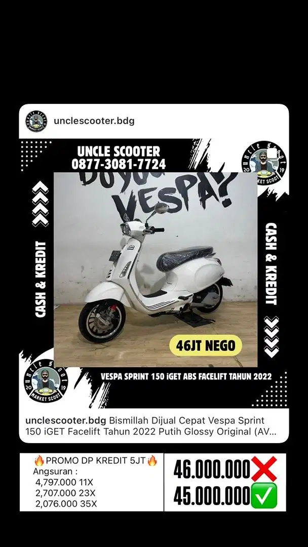 Vespa Sprint 150 iGET Facelift Tahun 2022 Putih Glossy Original