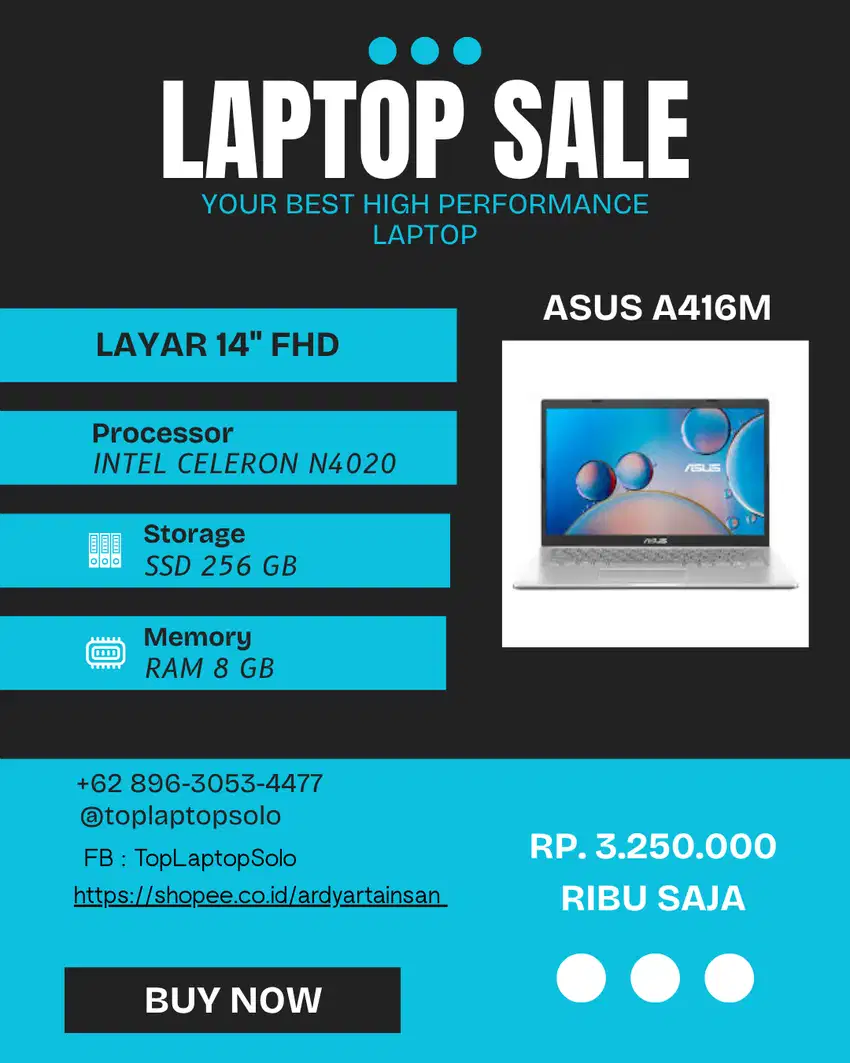 ASUS A416M  SPESIFIKASI - INTEL CELERON N4020 - RAM 8 GB - SSD 256 GB