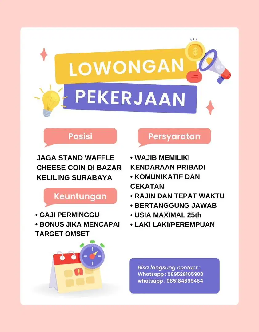 LOWONGAN PEKERJAAN JAGA STAND WAFFLE CHEESE COIN DI BAZAR KELILING