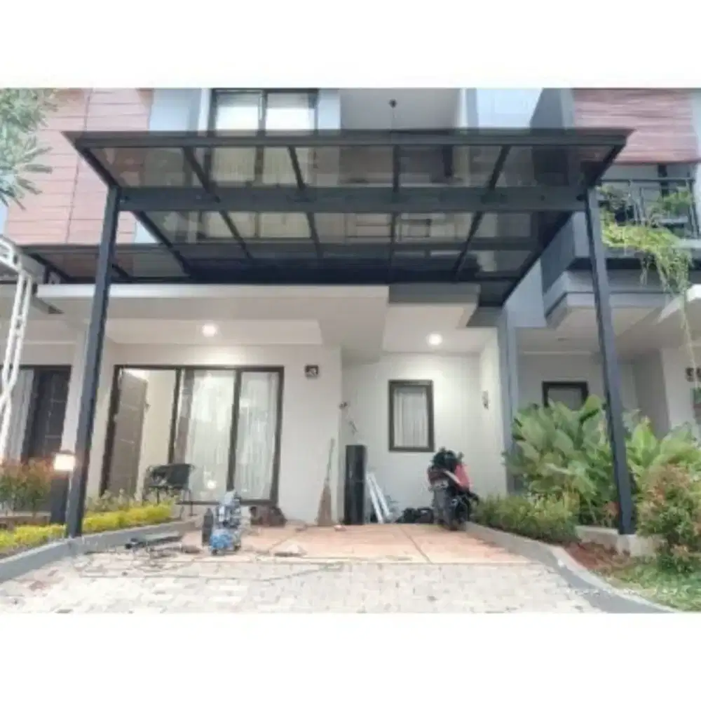 Kanopi rangka hologalvanis atap kaca Tempered 8mm