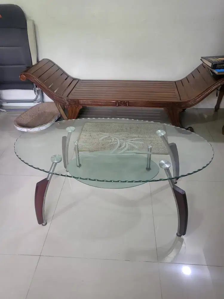 Meja Kaca Bergrafir Pemandangan Pantai kaki alumunium ringan plus Kayu