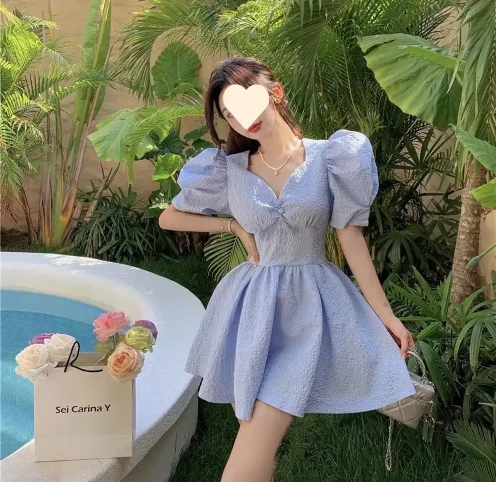 DRESS BIRU REAL PIC 100% UKURAN L bahan bagus Sesuai di foto