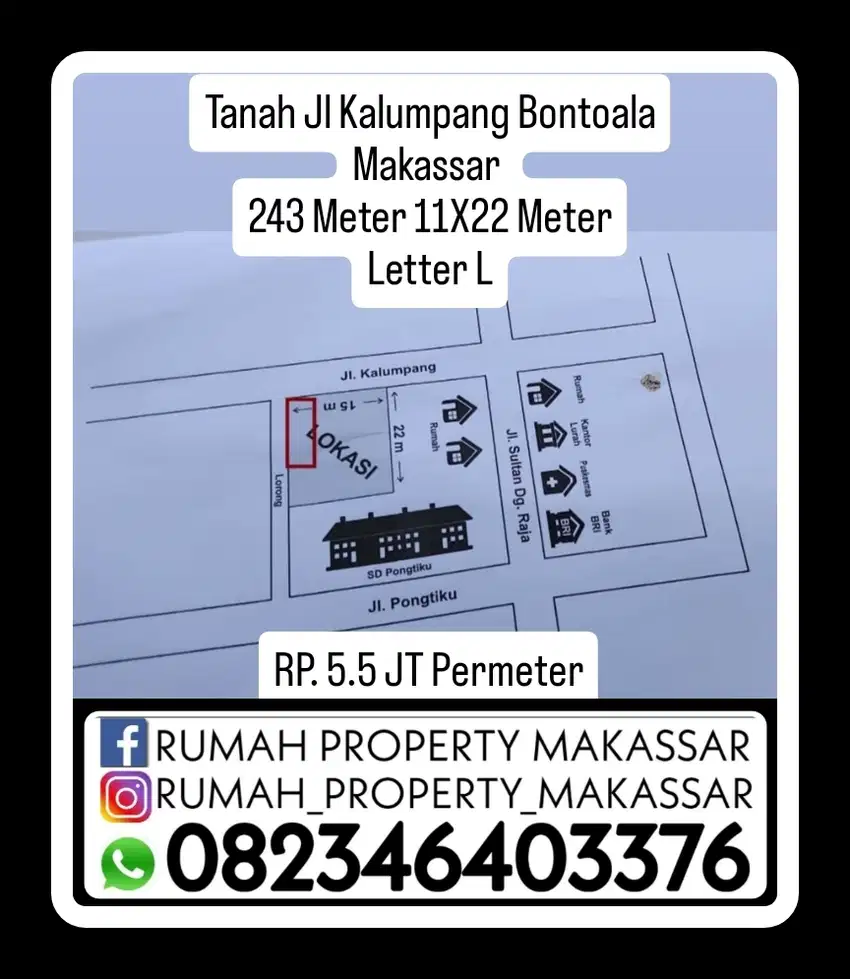 Tanah Jl Kalumpang Bontoala Makassar  243 Meter 11X22 Meter Letter L
