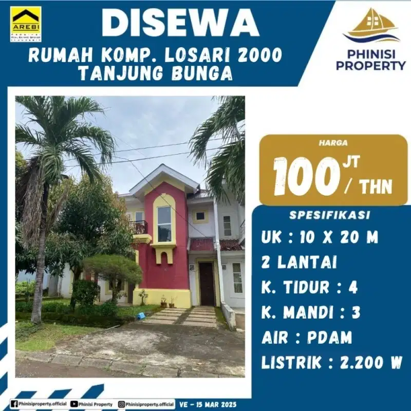 DISEWAKAN RUMAH MURAH  2 LANTAI DI TAMAN LOSARI 2000 CUMA 100 JUTAAN