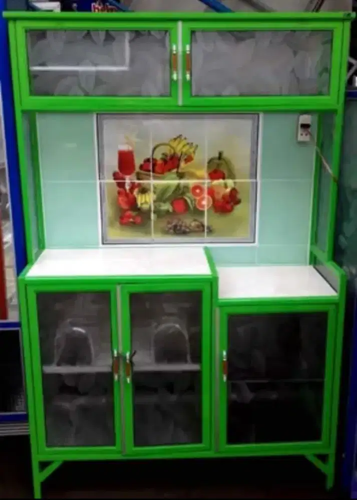 Rak Piring Aluminium Frame Hijau + Keramik 3 Pintu Kaca Es 104-160