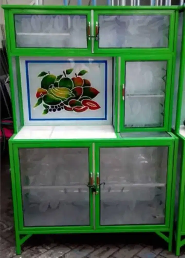 Rak Piring Aluminium Frame Hijau + Keramik 2 Pintu Kaca Es 78-160