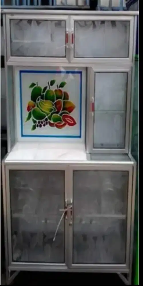 Rak Piring Aluminium Frame Putih + Keramik 2 Pintu Kaca Es 78-160