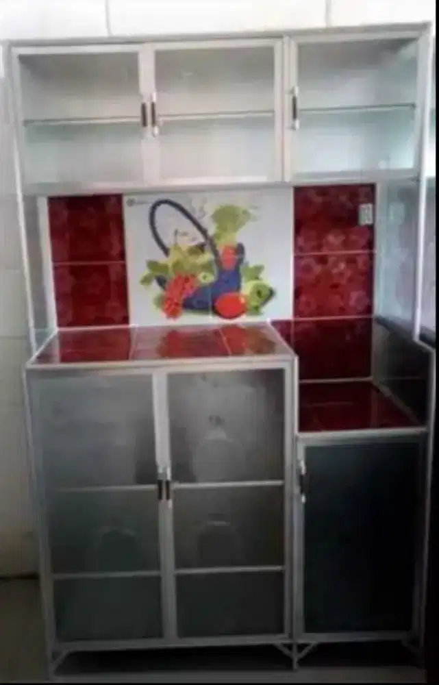 Rak Piring Aluminium Frame Putih + Keramik 3 Pintu Kaca Es 100-160