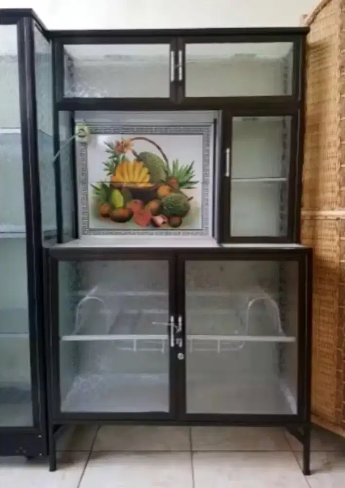 Rak Piring Aluminium Frame Coklat + Keramik 2 Pintu Kaca Es 94-159