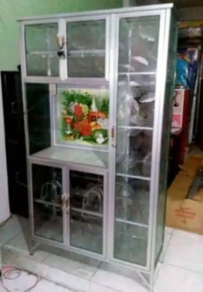 Rak Piring Aluminium Frame Putih + Keramik 3 Pintu Kaca Es 96-160