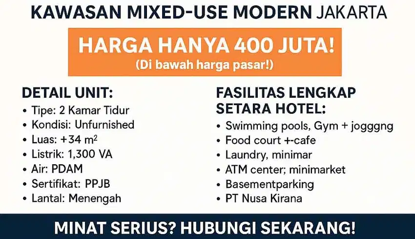 Cepat! Apt 2 Kamar Bassura City – Mixed-Use Modern