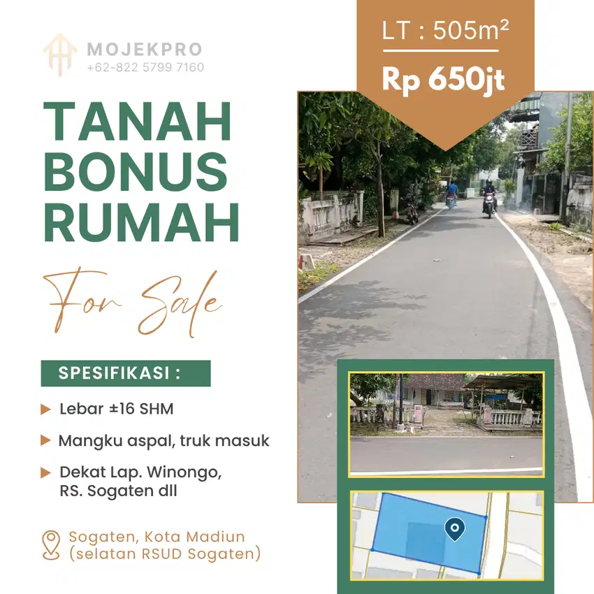 BELI TANAH BONUS RUMAH LAWAS Dekat RSUD Sogaten