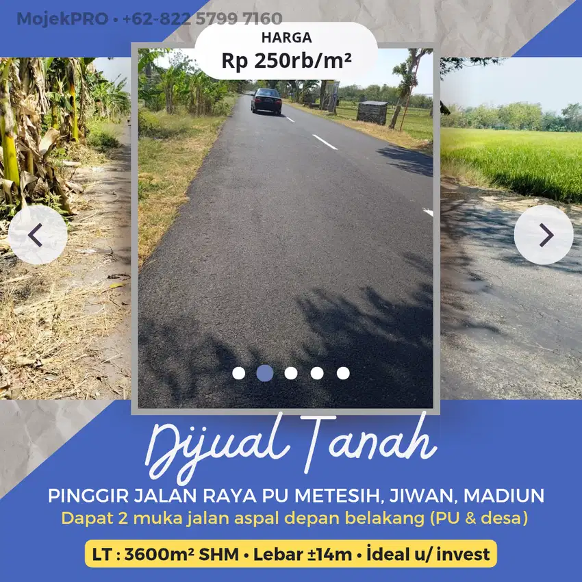 DIJUAL TANAH STRATEGIS Pinggir Jalan PU Jiwan - Metesih, Madiun