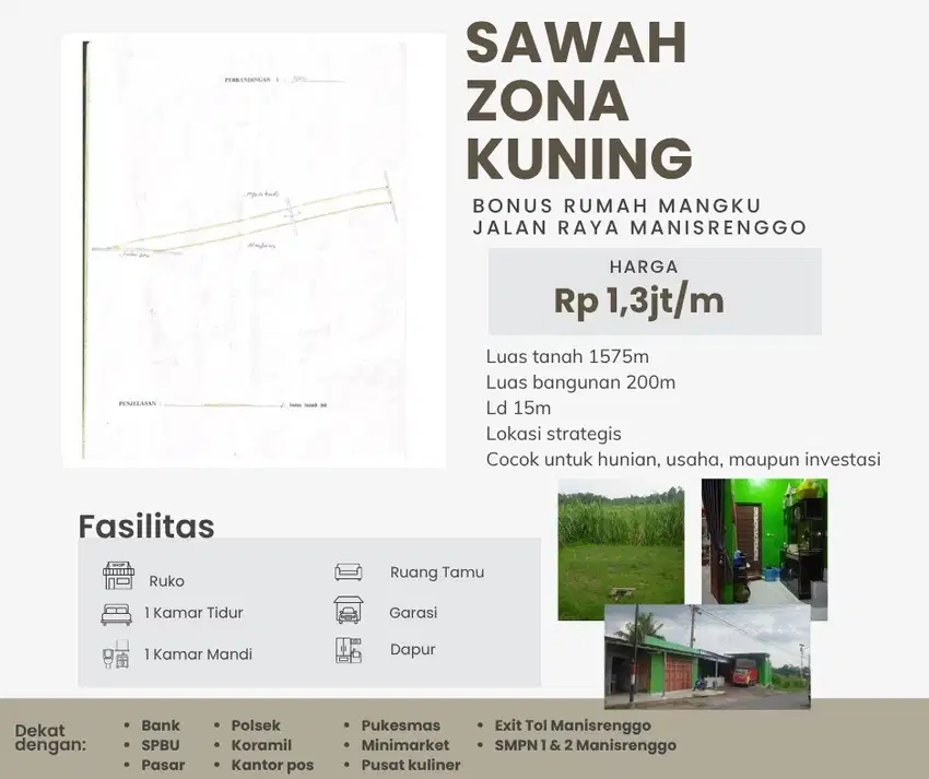 TANAH SAWAH ZONA KUNING BONUS RUMAH SIAP HUNI MANISRENGGO