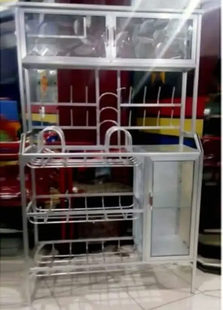 Rak Piring Aluminium 3 Sap Box Atas 2P Samping 1P Kaca Es 100-160