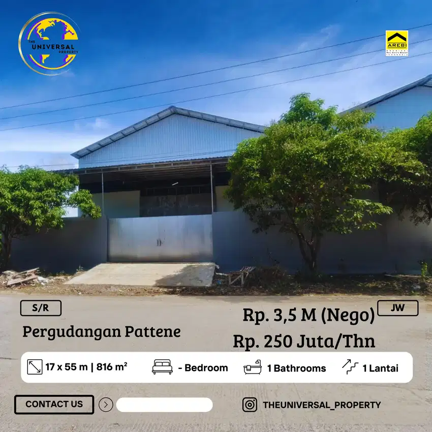 Disewakan Gudang 1LT Pergudangan Pattene Lokasi Strategis Siap Pakai