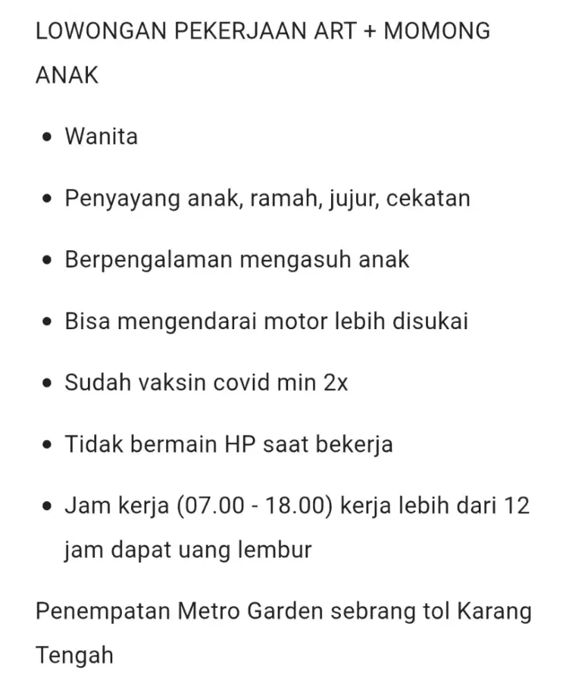 Dicari ART + Pengasuh anak PP