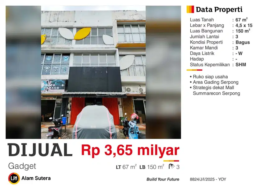 Dijual Ruko 3 lantai Unfurnish Strategis Dekat Mall SMS Gading Serpong