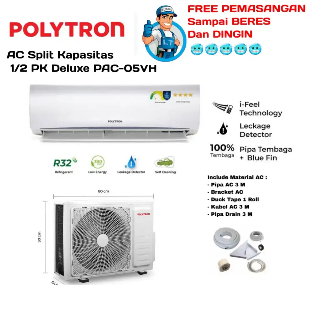 FREE PASANG! POLYTRON AC Split 1/2 PK R32 PAC05VH Faster Cooling STD