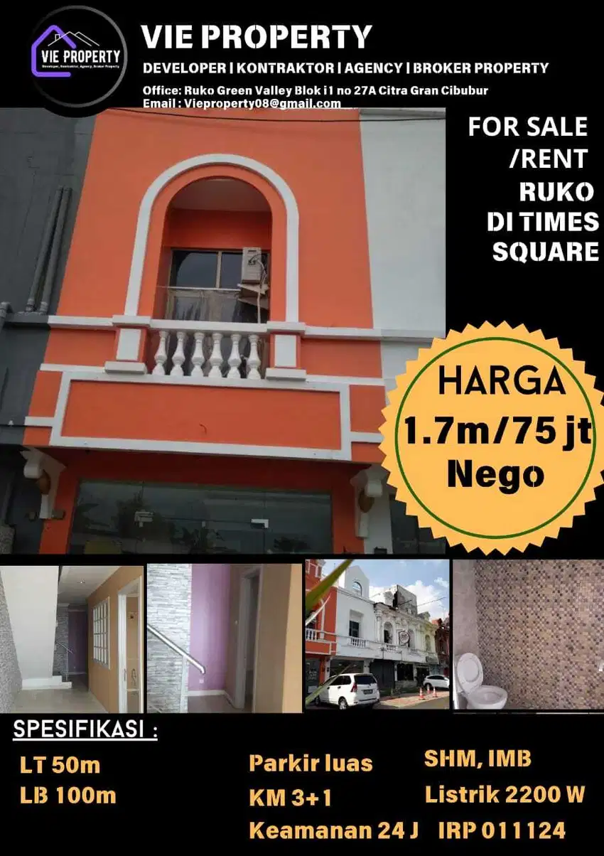 DISEWAKAN MURAH, RUKO BARU RENOV DI RUKO TIMES SQUARE CIBUBUR