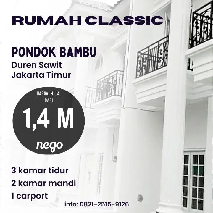 Hunian 2-lantai dalam Cluster Elit, Lokasi Premium Daerah Pondok Bambu