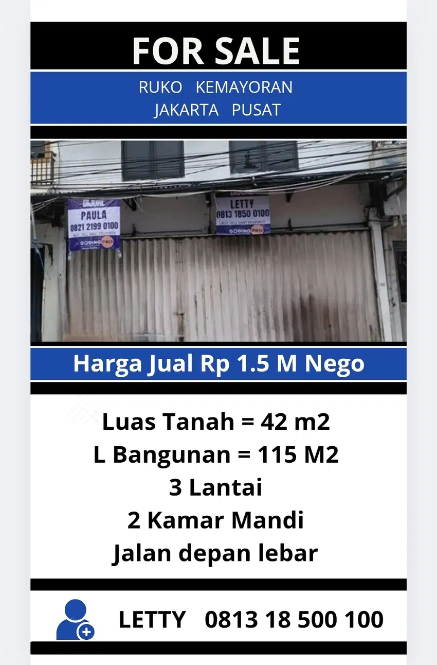 Ruko 3 Lantai Kemayoran Jakarta Pusat Rp 1.5 M Nego