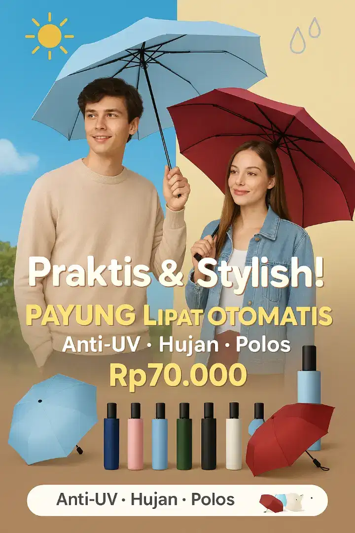 Payung Lipat Otomatis Anti UV Payung Buka Tutup Polos Elegan Modis