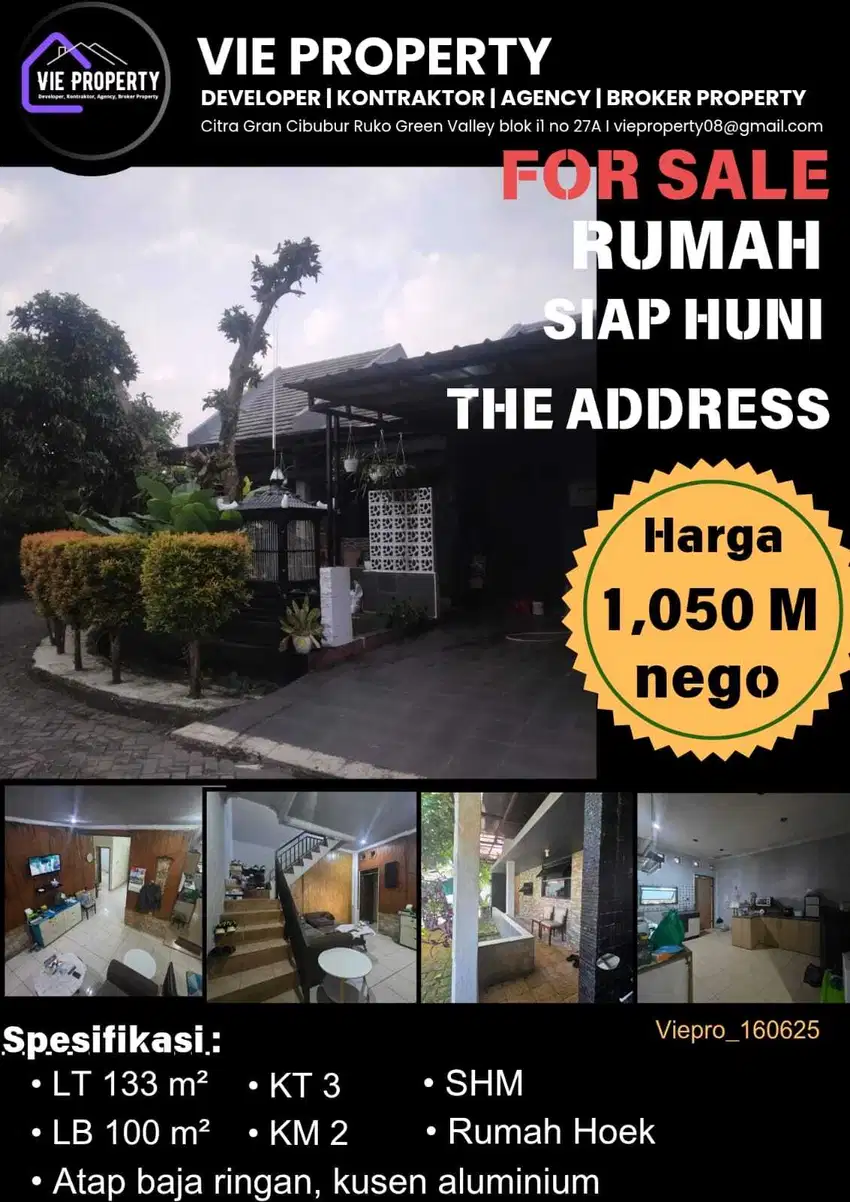 Jual Cepat Rumah Hoek Siap Huni Revisi Harga 1,150.The Addres Cibubur.