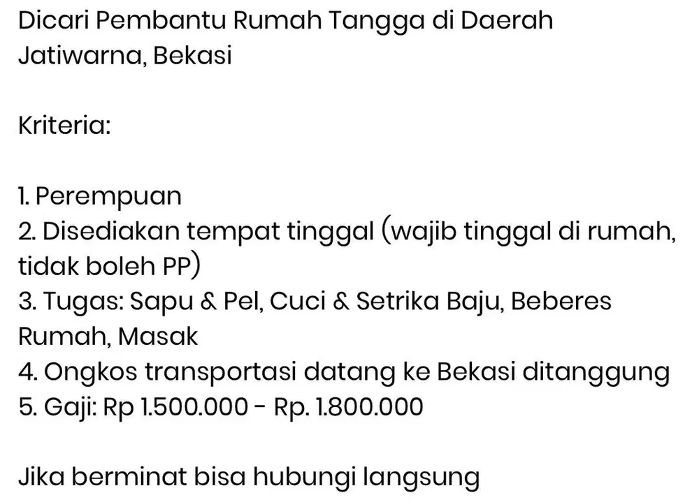 Dicari Pembantu Rumah Tangga