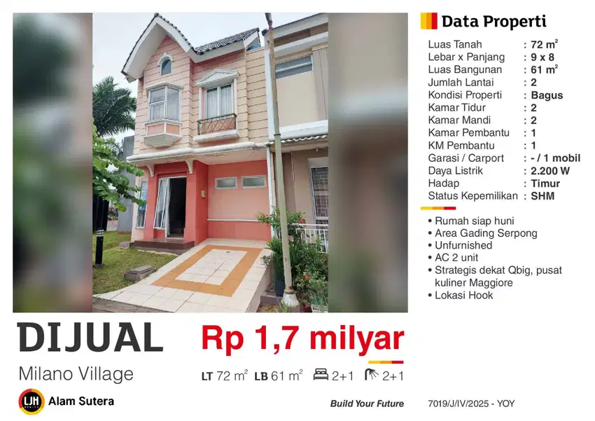 Dijual Rumah Modern Minimalis Hoek Milano Village Gading Serpong