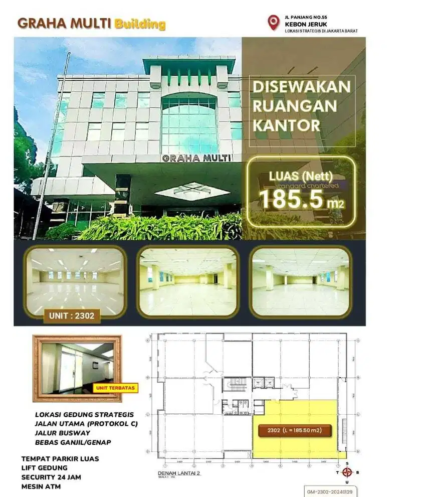 DISEWAKAN RUANGAN KANTOR GRAHA MULTI KEBON JERUK KONDISI SESUAI FOTO