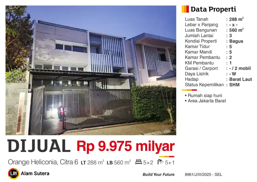 Dijual Rumah Mewah SHM di Orange Heliconia Citra 6 Jakarta Barat