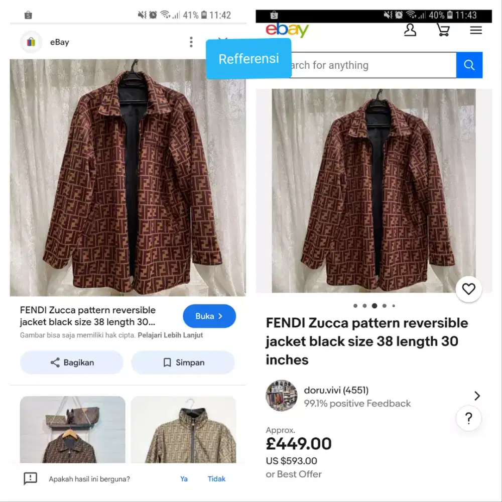 Auth jaket fendi monogram reversible