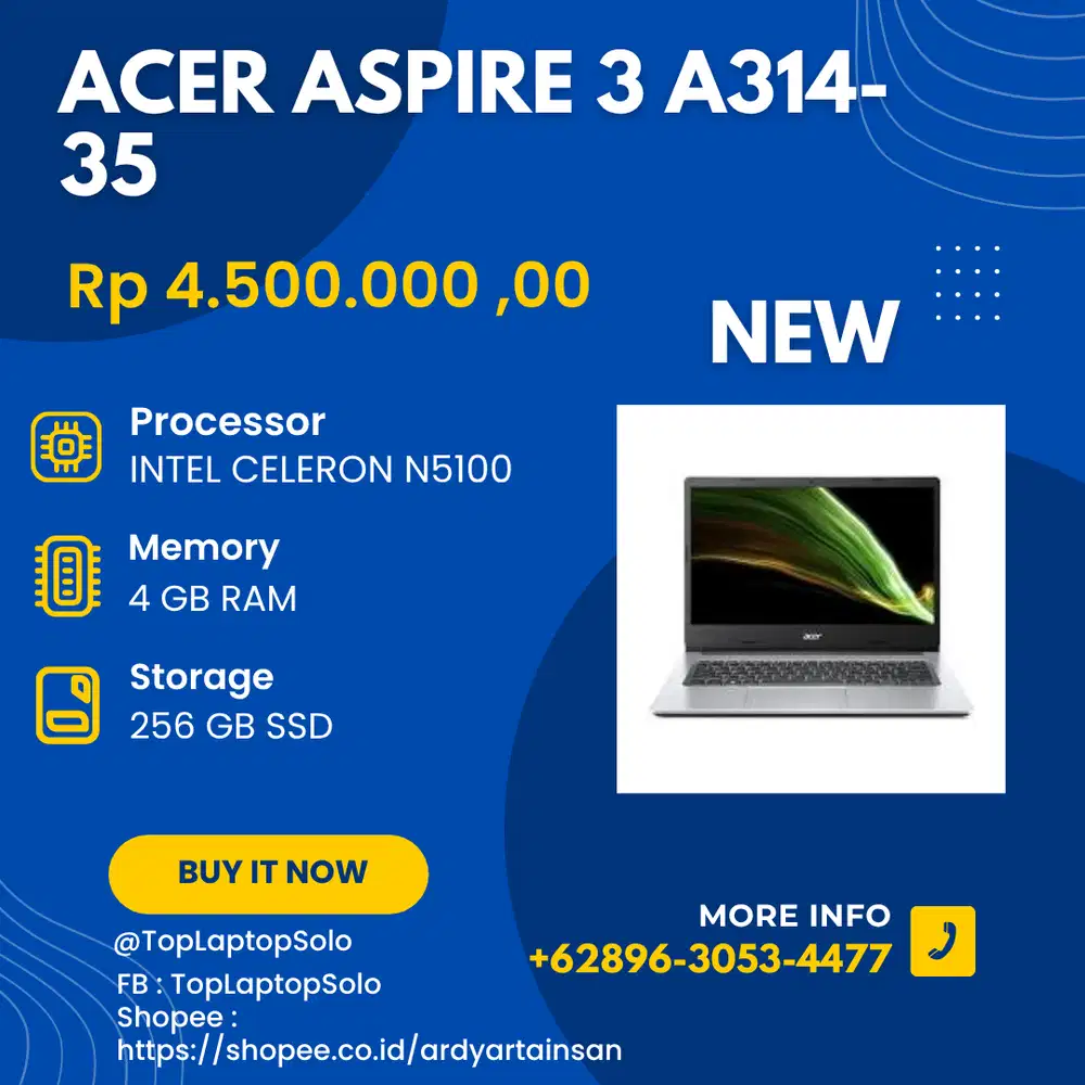 ACER ASPIRE 3 A314-35 - INTEL CELERON N5100 - RAM 4 GB - SSD 256 GB