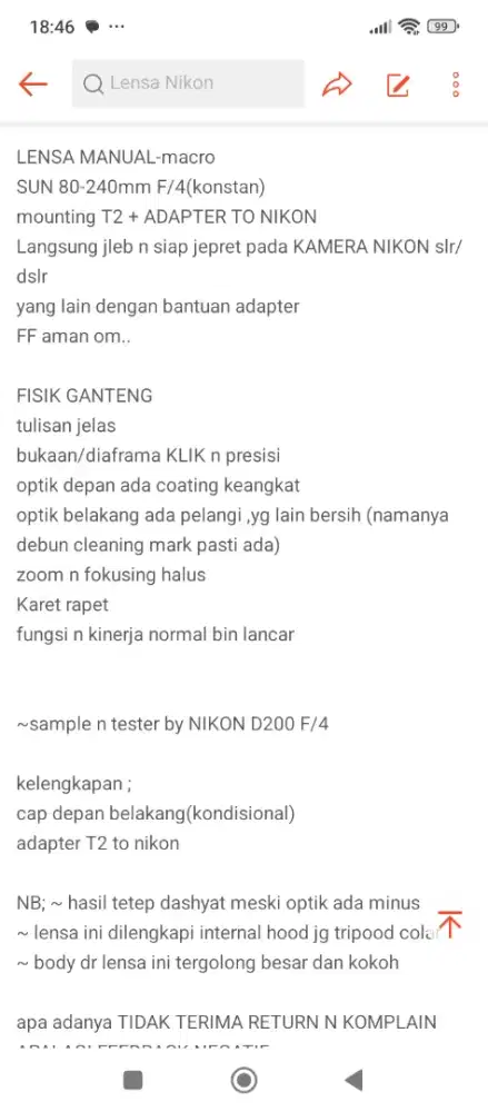 Lensa manual SUN 80-240mm F/4 konstant