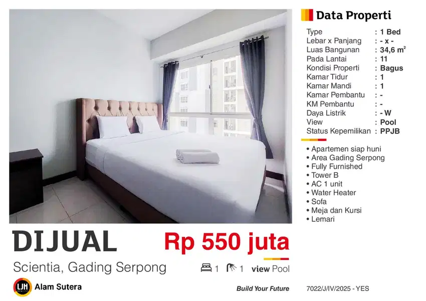Dijual Apartment 1BR Furnished Murah Di Scientia Gading Serpong