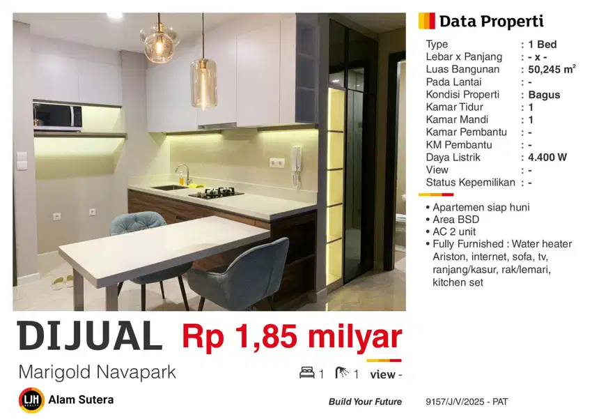 Dijual Apartemen 1BR Marigold Navapark Full Furnished di BSD