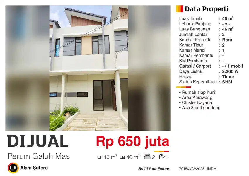 Dijual Rumah Siap Huni Cluster Kayana  Komplek Galuh Mas Karawang