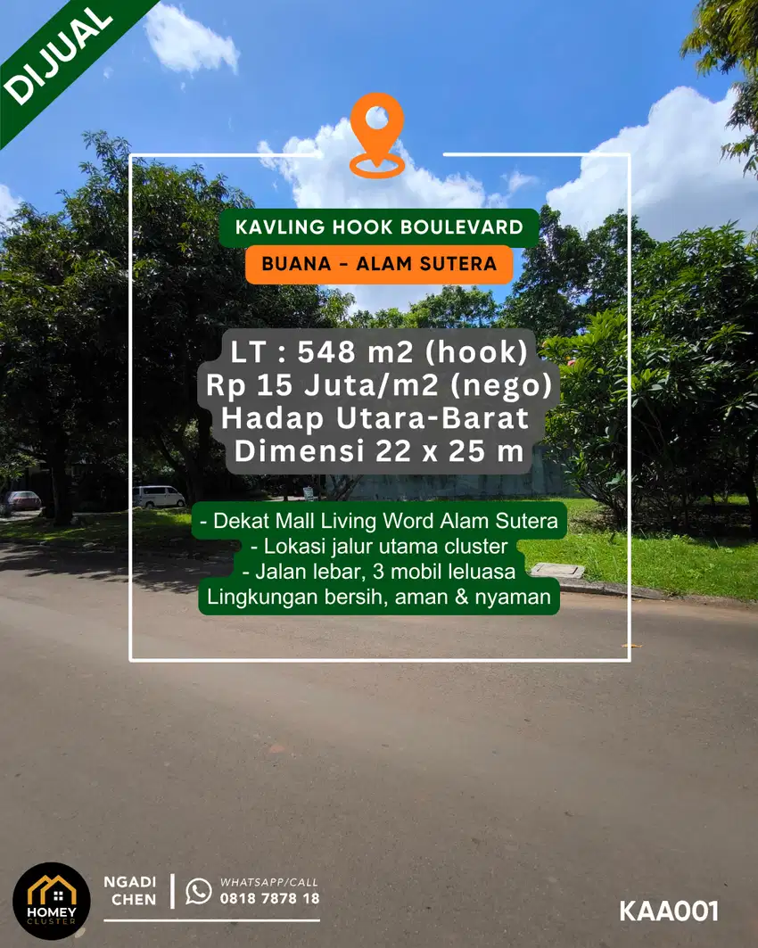 Kavling Hook Boulevard Buana 548m² dekat Living World Alam Sutera