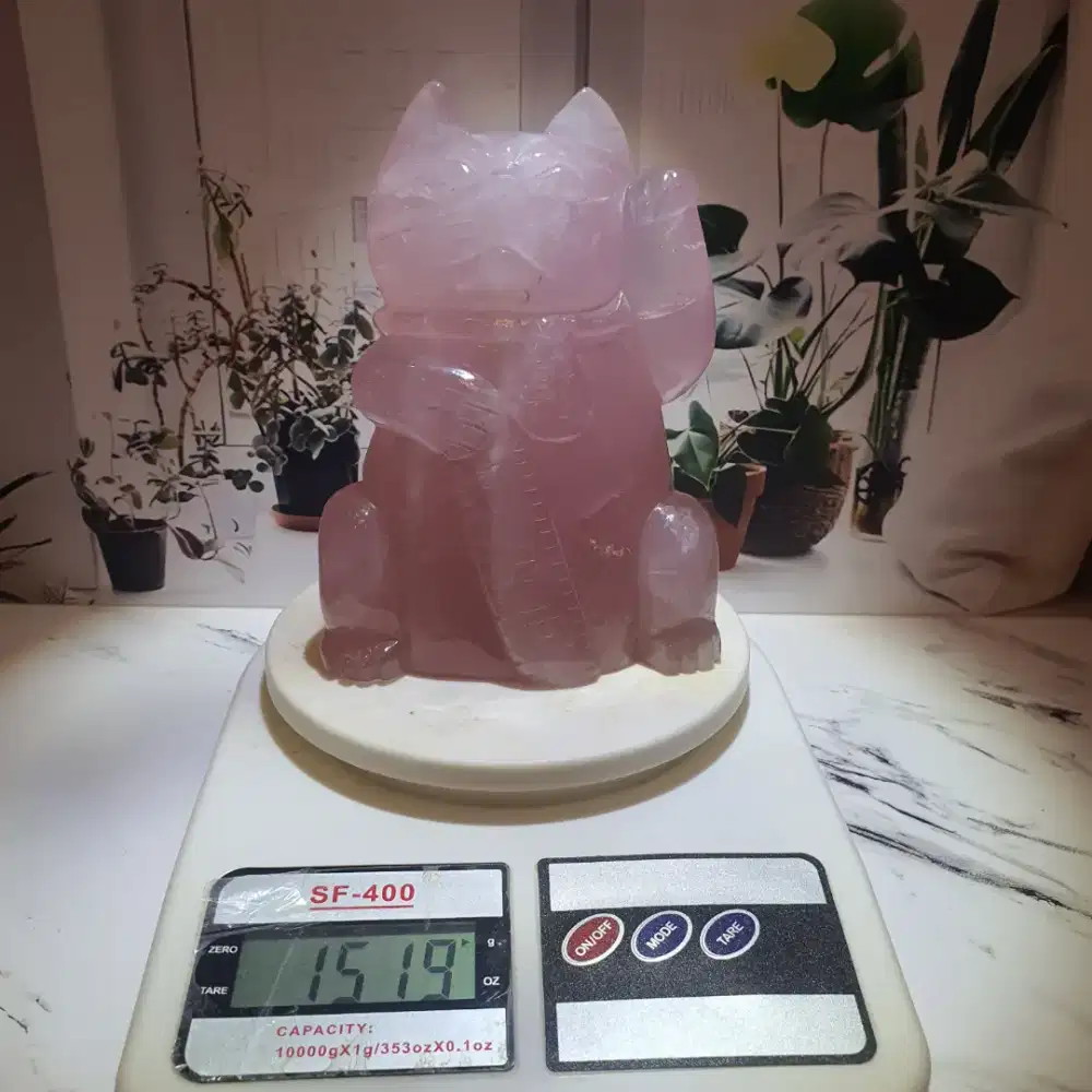 BATU CRYSTAL ROSE QUARTZ KUCING HOKI