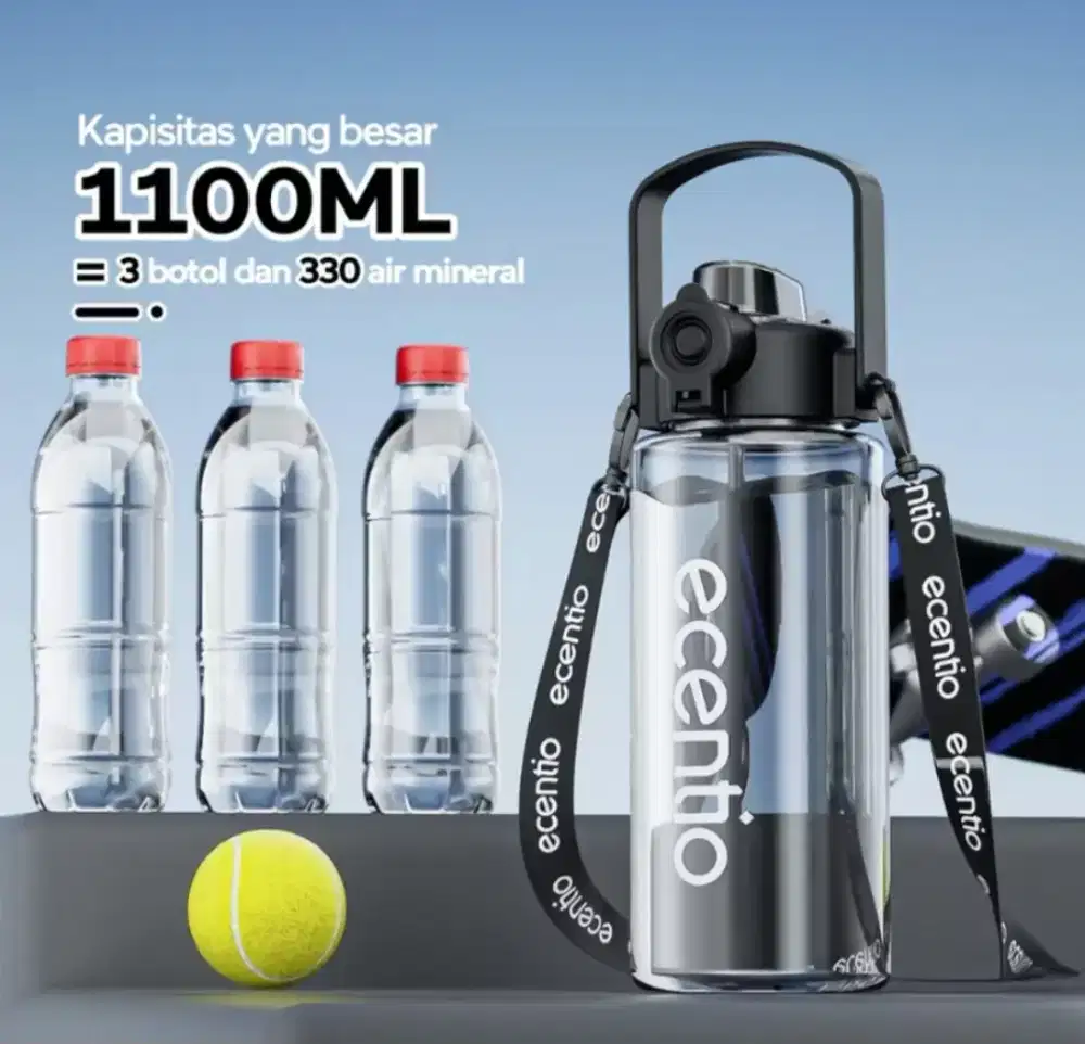 Ecentio Botol Minum Sport 1100ml Lengkap Sedotan dan Tali