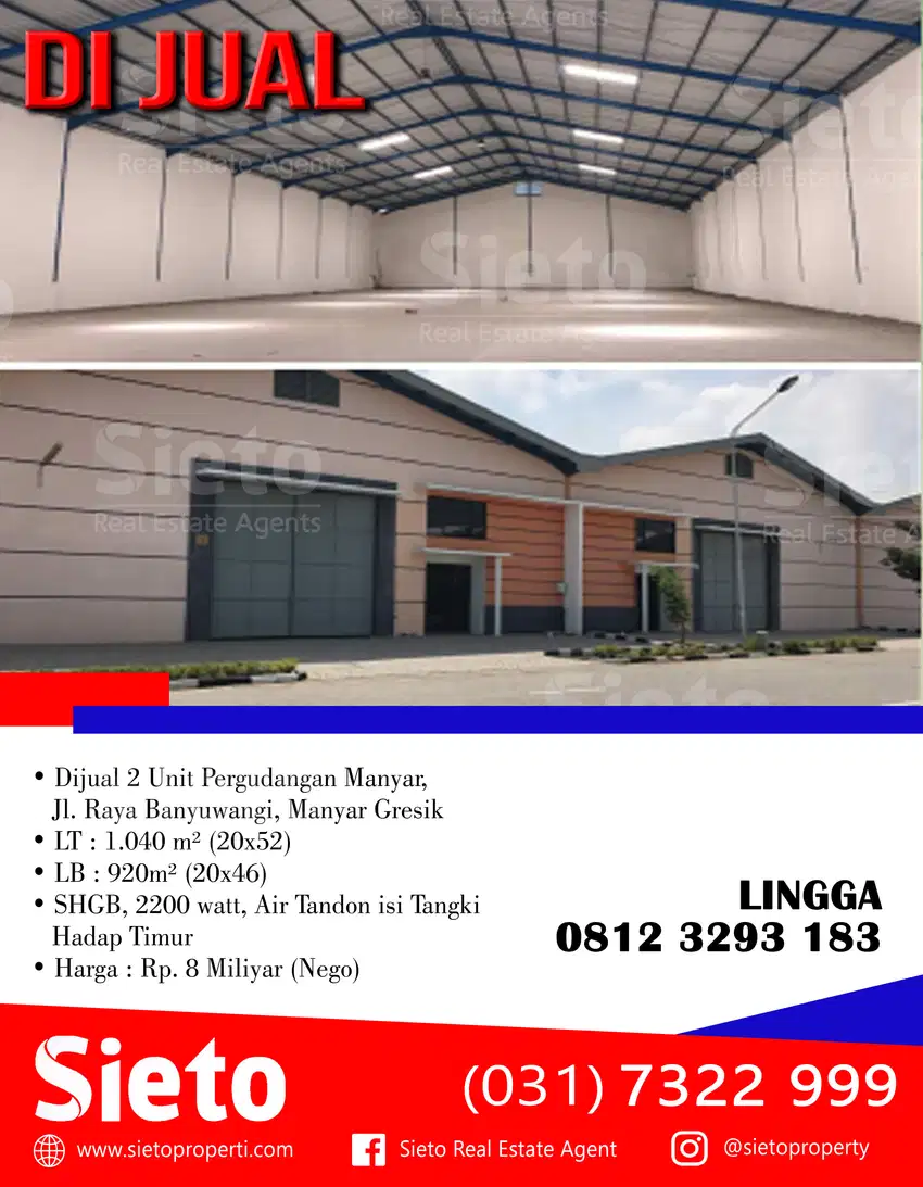 Dijual 2 Unit Pergudangan Manyar, Jl. Raya Banyuwangi, Manyar Gresik